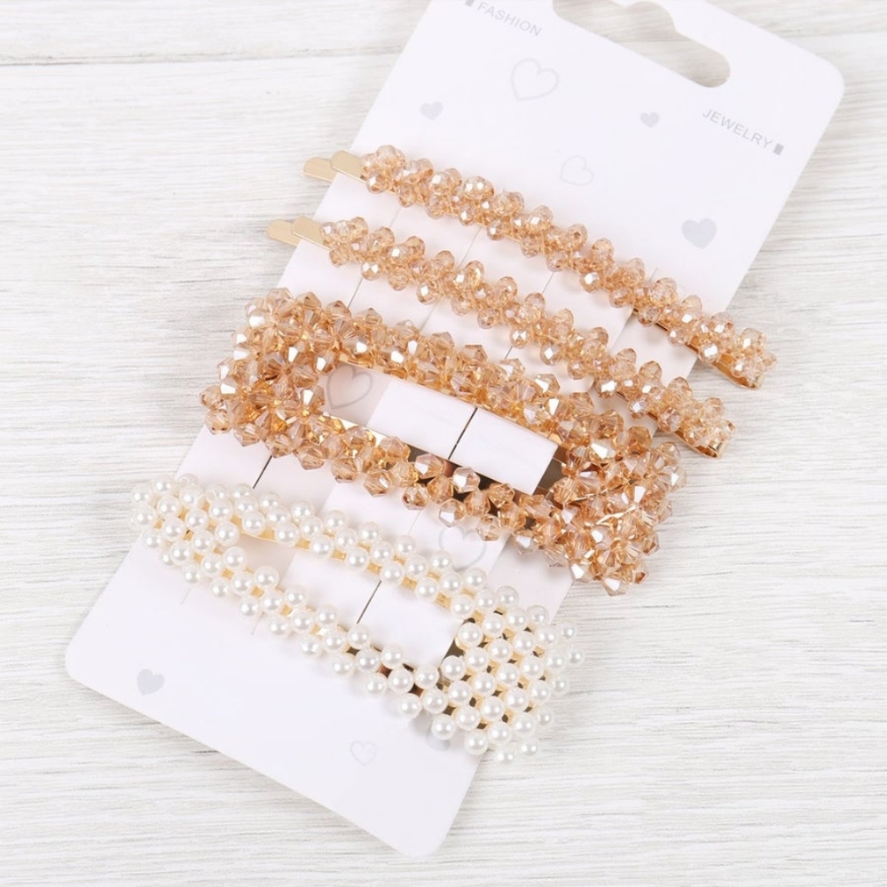 RIAH FASHIONS Gold Glass Beads & Pearl Barette Set